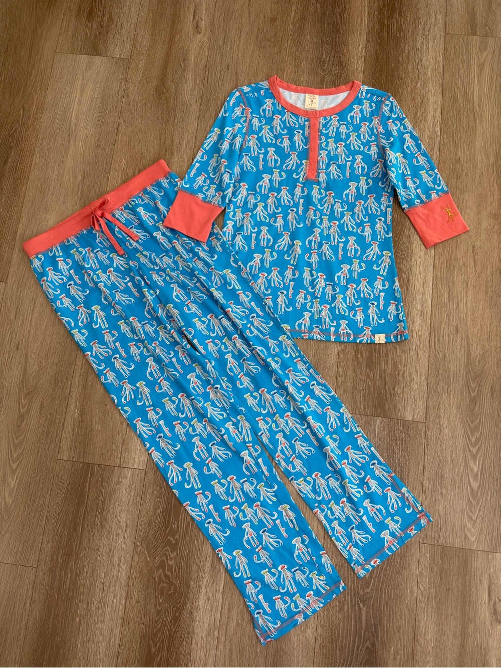 Munki Munki Pajama Set Novelty Monkey Print Blue Coral Size Medium - Picture 2 of 13